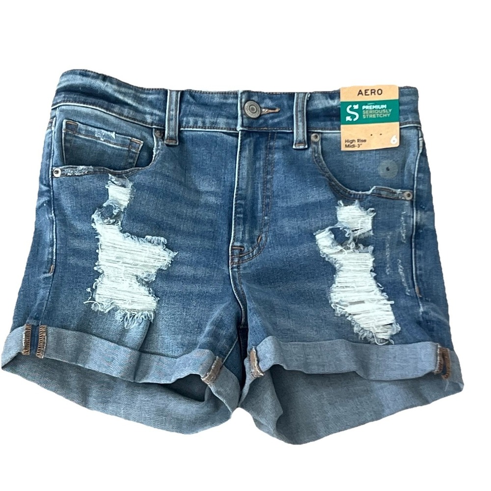 NWT AERO High Rise Midi Denim Shorts Distressed Stretch Size 6 Festival‎ Summer